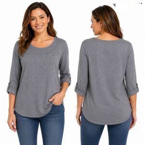 Croft & Barrow Gray 3/4 Sleeve Knit Top Large